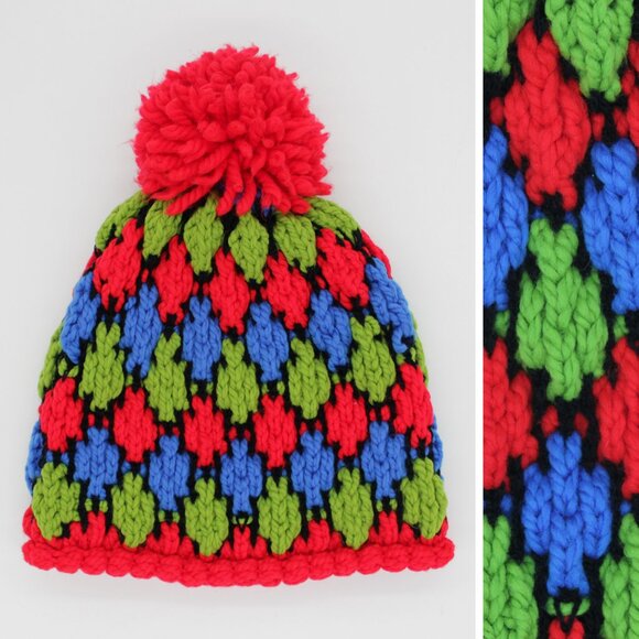 Vintage Hand Knit Pom Pom Beanie, Colorful Unisex Hat - Picture 1 of 6